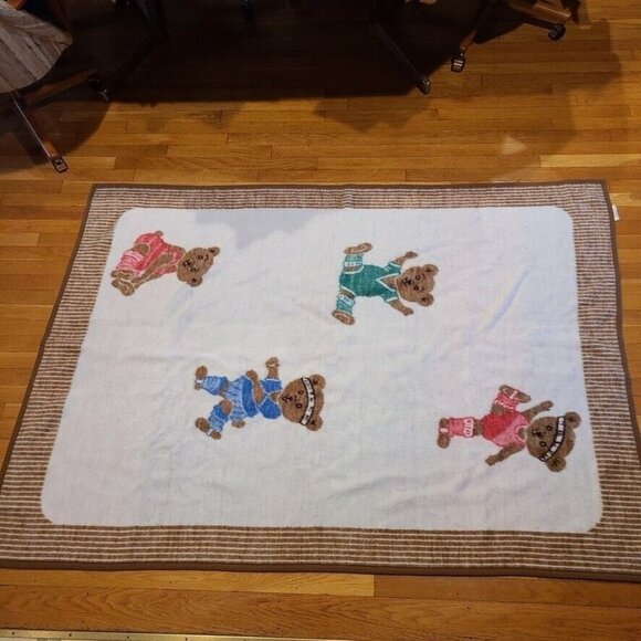 Vintage Biederlack Dancing Exercise Teddy Bear Throw Blanket Reversible 51 x 73 - Picture 2 of 10